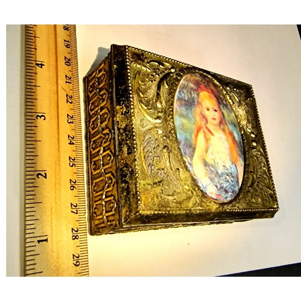 1639.  Metal Trinket Jewelry Box Porcelain Inlay